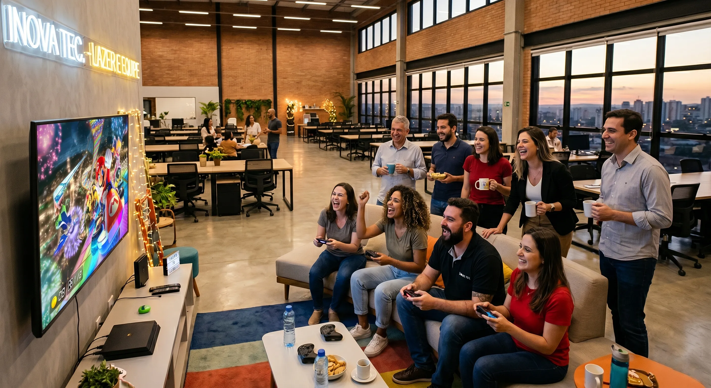 Funcionários jogando videogame em evento corporativo organizado pela Yupie Games